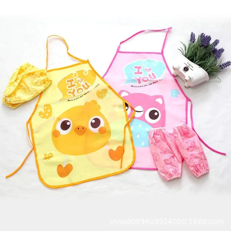 Cute Cartoon Children Waterproof Apron Sleeve Set Kid Play Handwork Painting Clay Eat Clothes Anti-Oil Pigment Stain Overalls