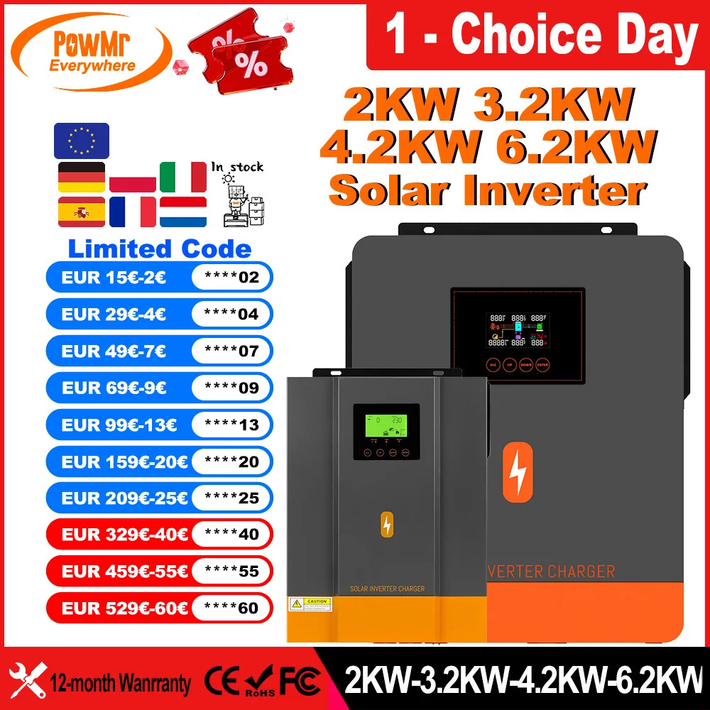 PowMr 6,2KW/4,2KW/3,2KW/2KW/2KW Hybrid-Solarwechselrichter 48V 24V 12V 220VAC Photovoltaik Reine Sinuswelle MPPT 120A 80A Solarregler