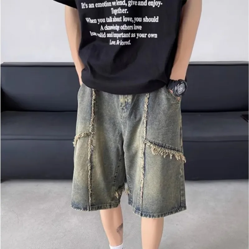 Picture 4: Young Style American Distressed Loose Denim Shorts Men's Clothing Vintage Straight Summer High Street Rough Selvage Knee Pants