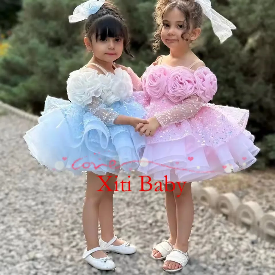 

2025 Flower Girl Dress Scoop Neck Puff Girls Party Dresses for Wedding Full Sleeves Satin Kids Christmas Ceremonial Dress