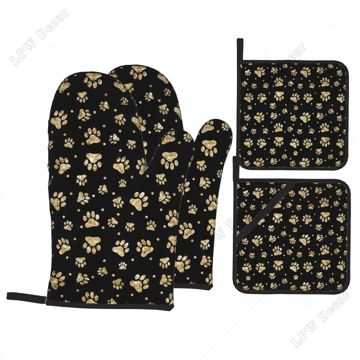 Glitter Gold Dog Paw Oven Mitts and Pot Holders Sets of 4 Heat Resistant Kitchen Gloves Potholders for Cooking Baking Grilling