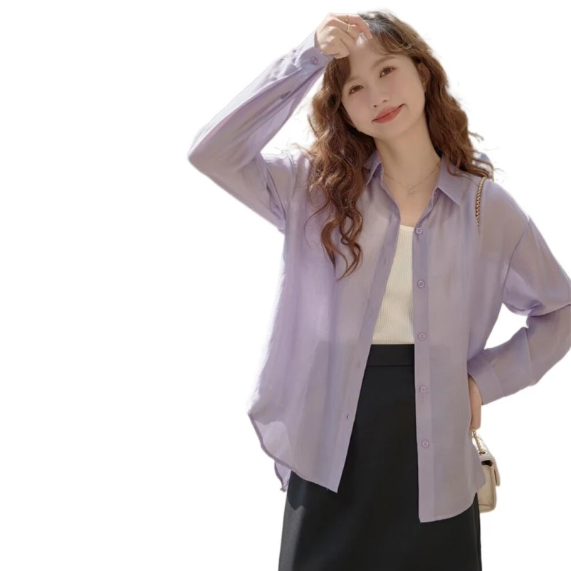 2024 Spring Rayon Solid Split Back One Button Female Turn-down Collar Long Sleeves Loose Shirts Basics Office Lady Chic Blouses