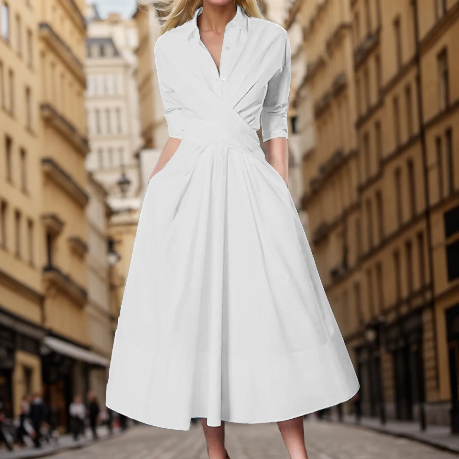 

Women Shirt Dress Solid Color Long Sleeve Belted Pleated Pocket Work Wear Cocktail Party Casual Elegant Retro Fashion Ladies