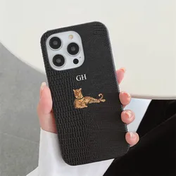 Personalise Initials Name Lizard Leopard Leather Case For Iphone 12 13 14 15 16 17 promax 14 15 Plus Luxury Lizard PU Hard Cases