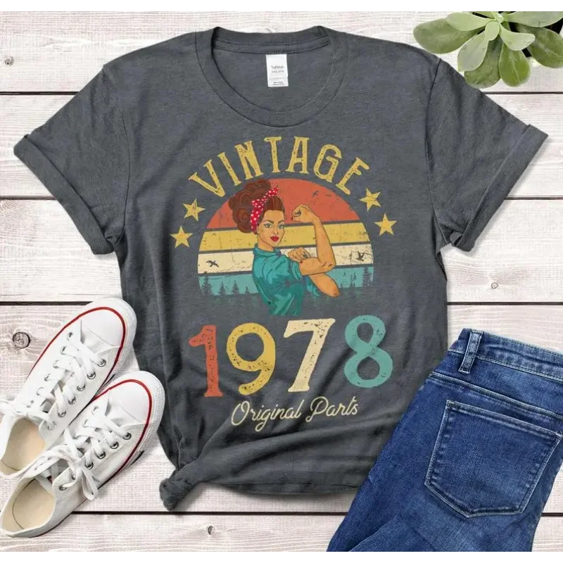 Vintage 1978 T-Shirt Made in 44th Birthday Years Fashion Letter Casual Short Sleeve Top Tee Cotton O Neck Lady Tshirt Harajuku