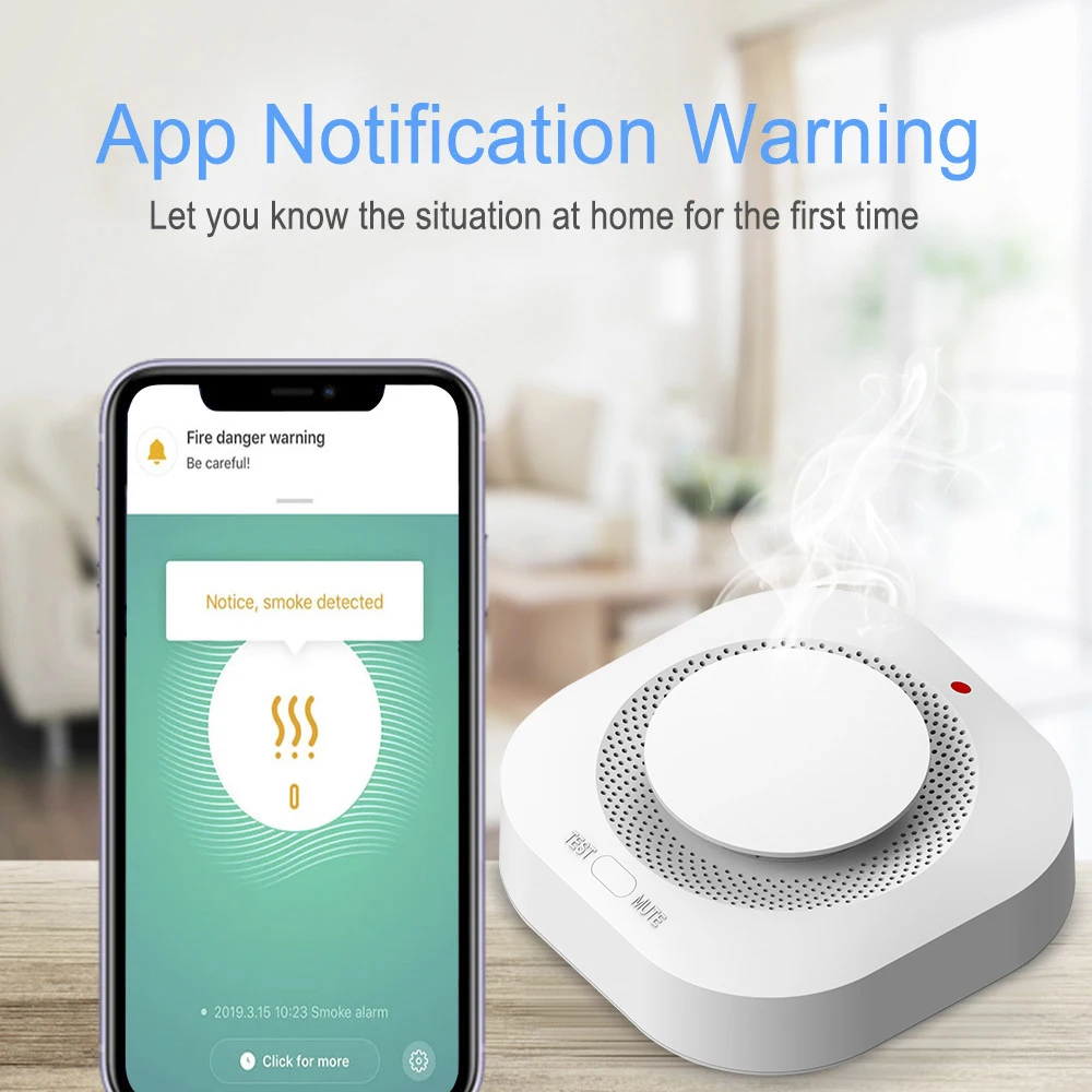 WiFi Fire Protection Smoke Sensor Alarm Detector Smart Life app and Tuya Smart app Control work with  Alexa and Google assistant