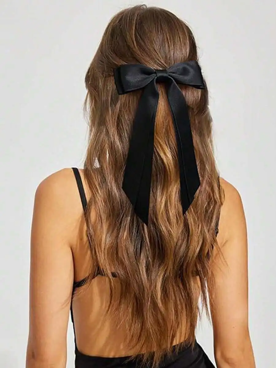 

4pcs Womens Elegant Black Long Bow Ribbon Hair Clips Vintage Street Style Hair Accessories