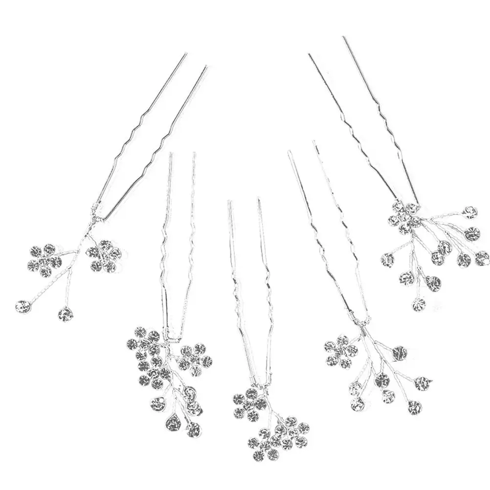 

5 Pcs U-Shaped Rhinestone Flower Hairpins Silver TS822 Bridal Wedding Accessories Bridesmaid Prom Engagement Hair Decorations