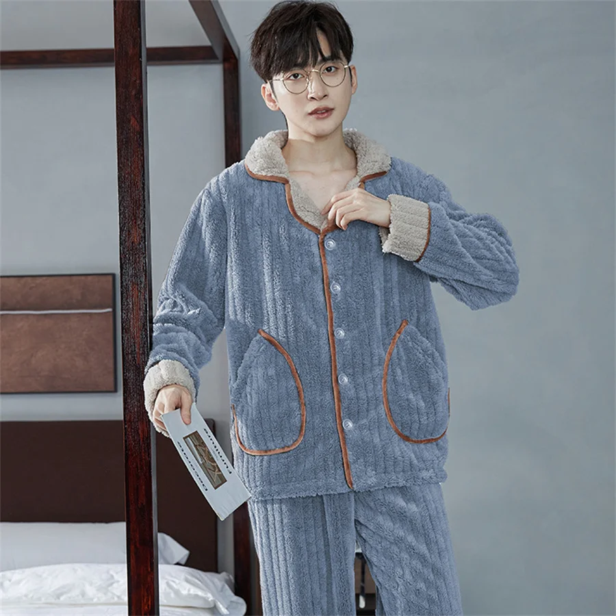 Men\'s Pajama Sets 2024 Winter Thickened Homewear for Men Coral Fleece Nightwear 2 Pieces Warm Sleepwear Men\'s Home Clothes