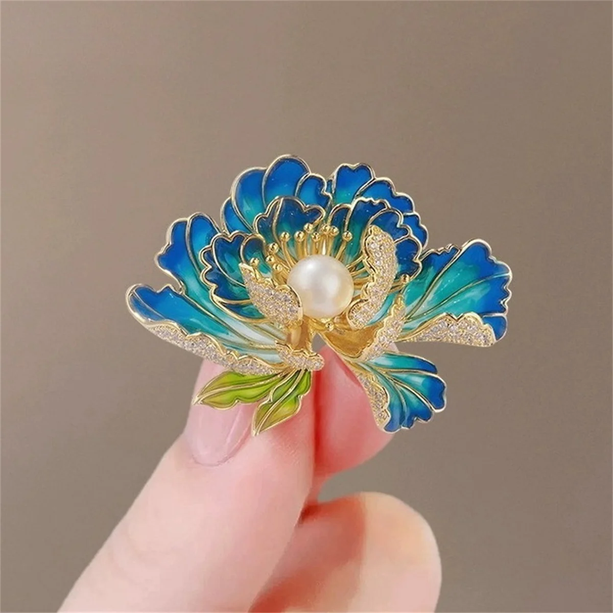 Rinhoo-Broche Flor Peônia Rosa e Azul para Mulheres, Pérola Imitação de Luxo, Pinos Floral, Emblema Esmalte da Planta, Joia Senhora Elegante