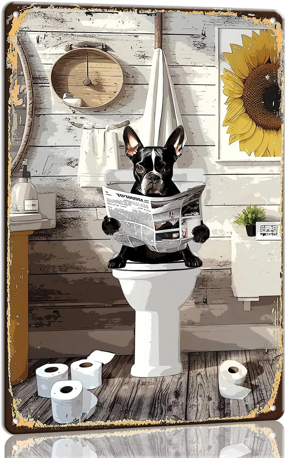 Boston Terrier Sign Bathroom Decor 8x12 In Metal Sign for Toilet Wall Art For Dog Lover Gifts Vintage Sunflower Bathroom Animal