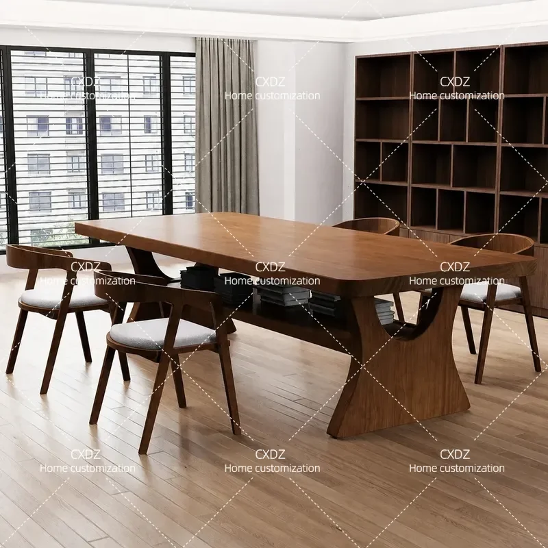 Nordic Solid Wood Desk and Chair Set Double Layer Large Long Study Table for Living Room Computer Workstation Home Office