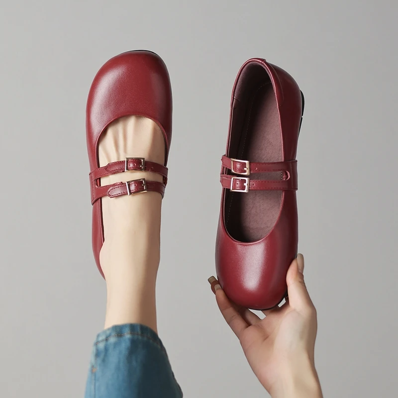

Women's New Spring and Autumn Genuine Leather Cowhide Low Heel Large Metal Belt Buckle Retro Mary Jane Casual Single Shoes