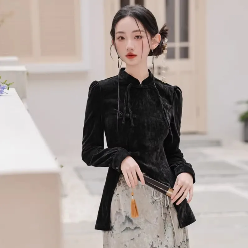 

Bla Velvet Top And Skirt Set Autumn Winter Cold Tone Chinese Sle Women's Faion Ensemble Long Sve Student U...