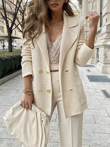 Imagen 2 del producto Blazer de Mujer con Doble Botonadura, Color Sólido, para Primavera/Verano, Chaqueta de Moda Casual, Abrigo de Manga Larga, Cárdigan