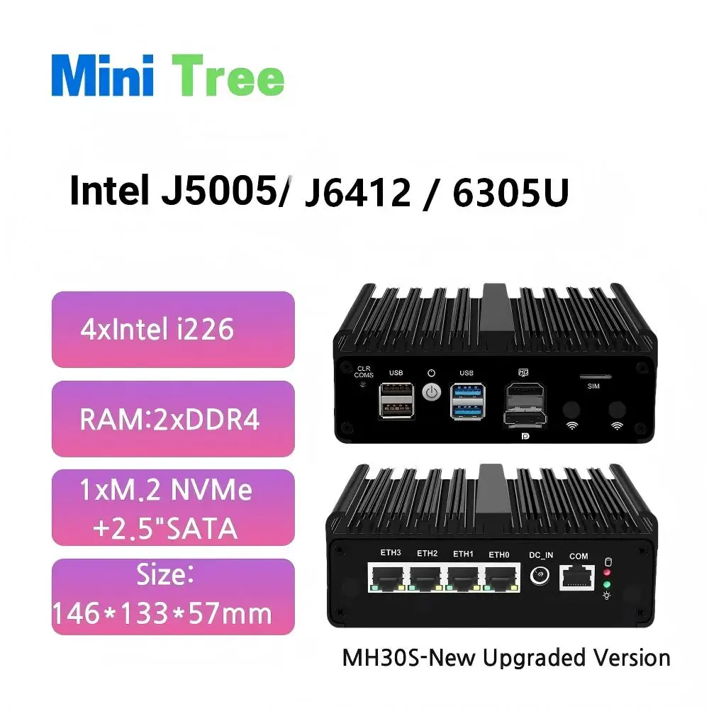 4x LAN Mini Firewall PC Intel Celeron J5005/J6412/6305U HD DP 8GB RAM 256GB SSD Home Office Openwrt Soft Router Proxmox WiFi 4G