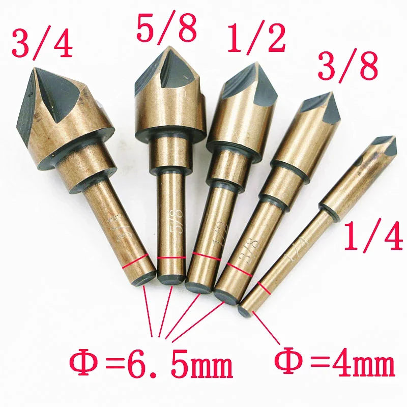 5PCS Industrial Countersink Drill Bit Set Tri-Flat Shank Quick Change 1/4