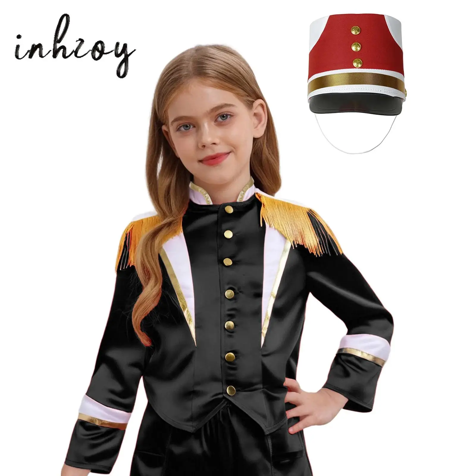 

Girls Boys Drum Band Uniform 2Pcs Tassels Shoulder Long Sleeve Outerwear+Hat for Halloween Christmas Drum Major Marching Band