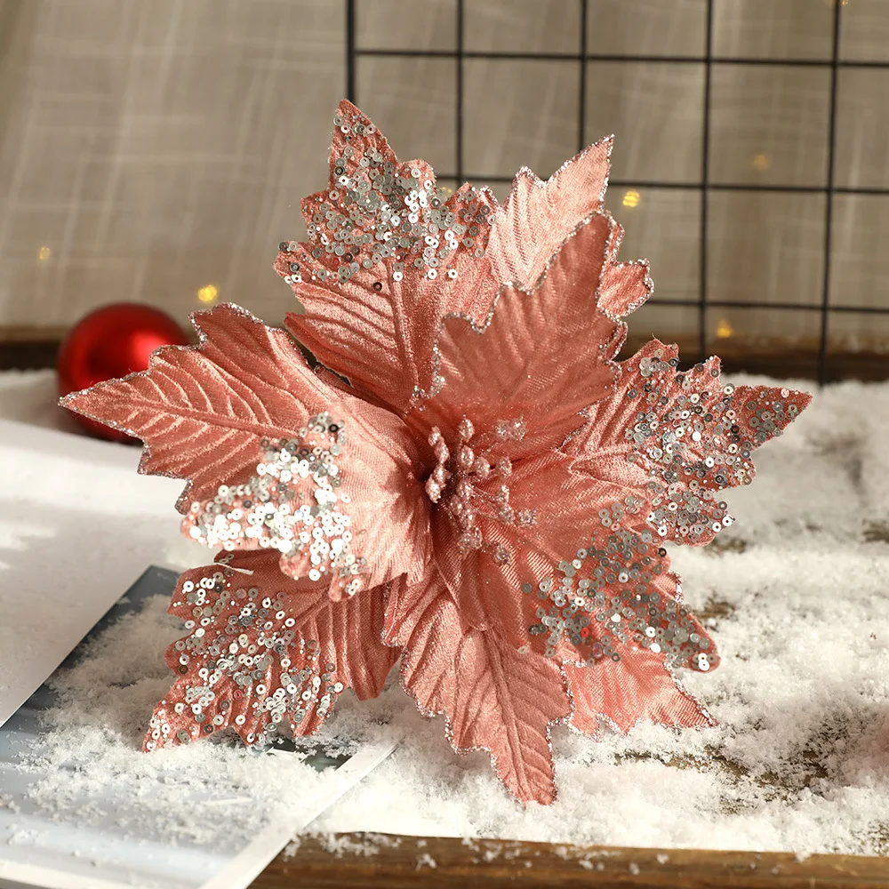 24cm Christmas Poinsettia Artificial Flowers DIY Xmas Tree Wreath Rattan Decoration Pendant 2026 New Year Navidad Natal Decor
