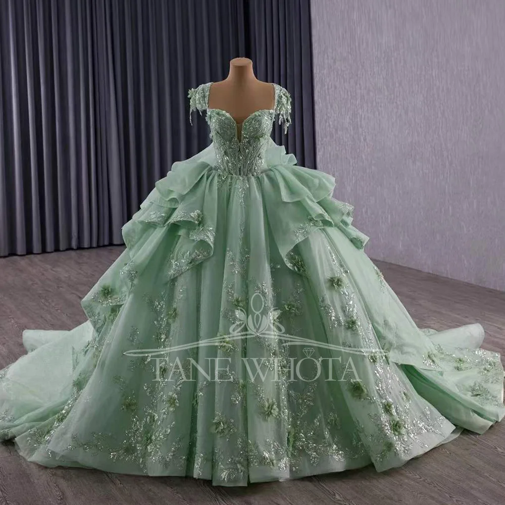

Платье Quinceanera, милое длинное зеленое платье принцессы Quinceanera с короткими рукавами на шнуровке сзади и аппликацией с вышивкой и блестками