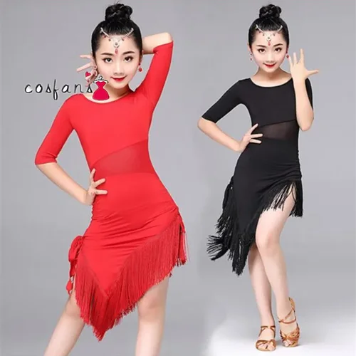 1 unids/lote, vestido de baile latino para niñas, ropa de baile latino con flecos, disfraz de Salsa, vestidos de actuación de Tango de salón negro y rojo