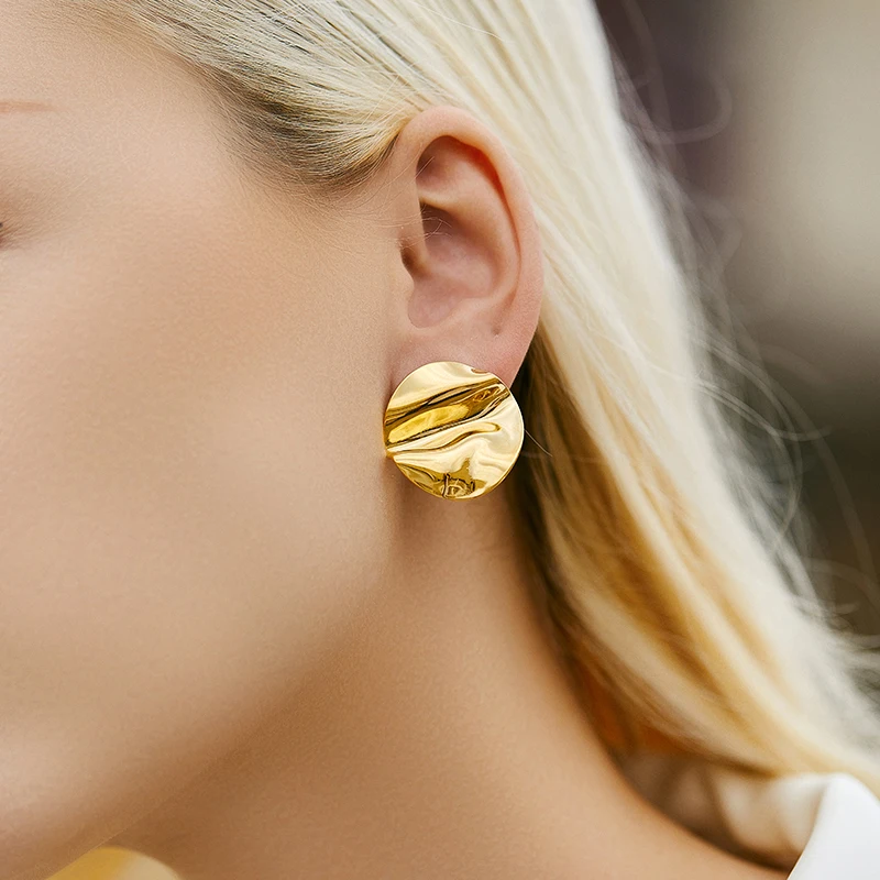 PRISCA | Gold Round Metal Earrings for Women. Stainless Steel.18k Gold.High Quality. Texture Well.Fashionable Indian Jewelry.New
