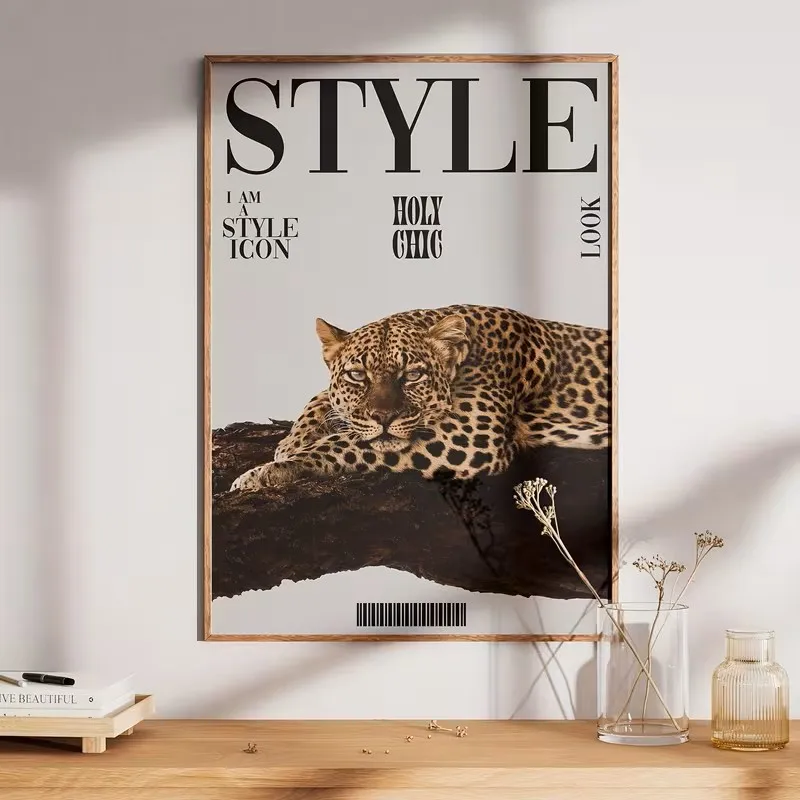 Canvas Poster with Modern Leopard Print Magazine Style Art-printed I Am The Saint God Design Decorating The Living Room Walls.