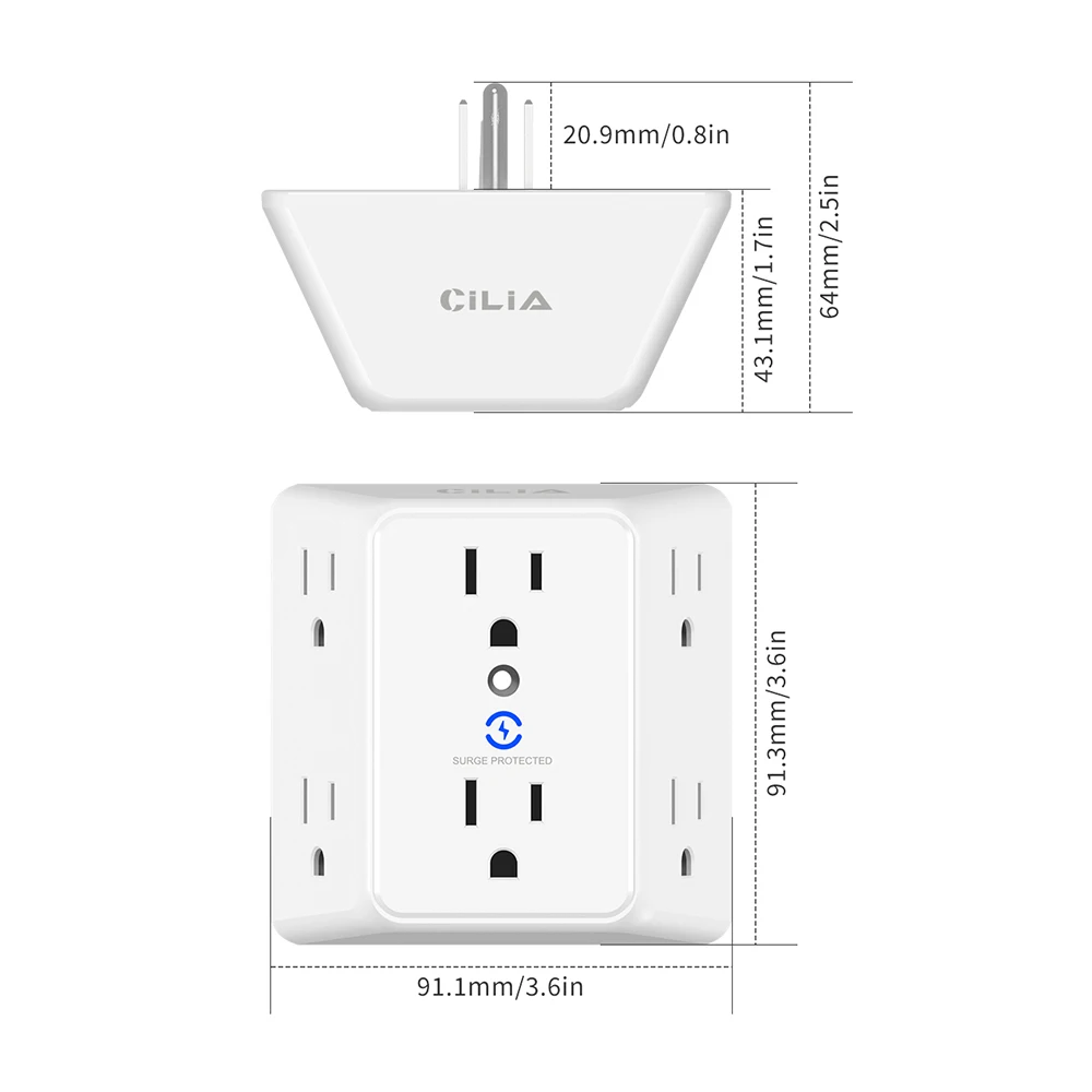 Wall-Mounted Outlet, Surge Protector, 6-Outlet Extender with AC Charging Ports, Rated Power 1875W