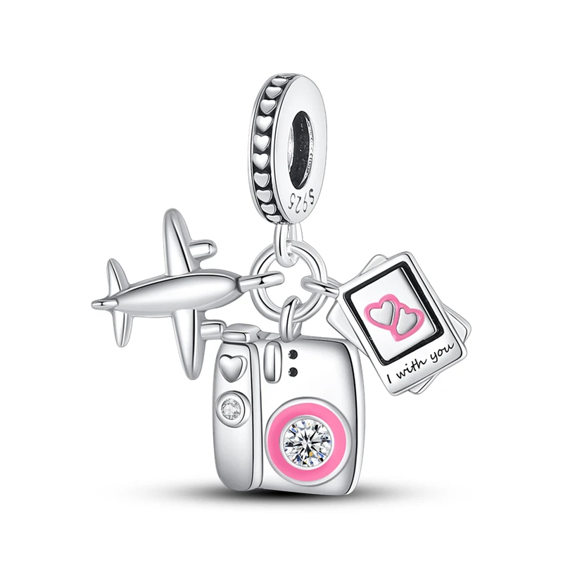Versilberte 925er Silber-Flugzeug-Anhänger, Herz-Kamera-Perlen, passend für 925er Charm-Armbänder, Perlen, Reise-Schmuck, süße Schmuckstücke, Freundschaftsgeschenke für Frauen