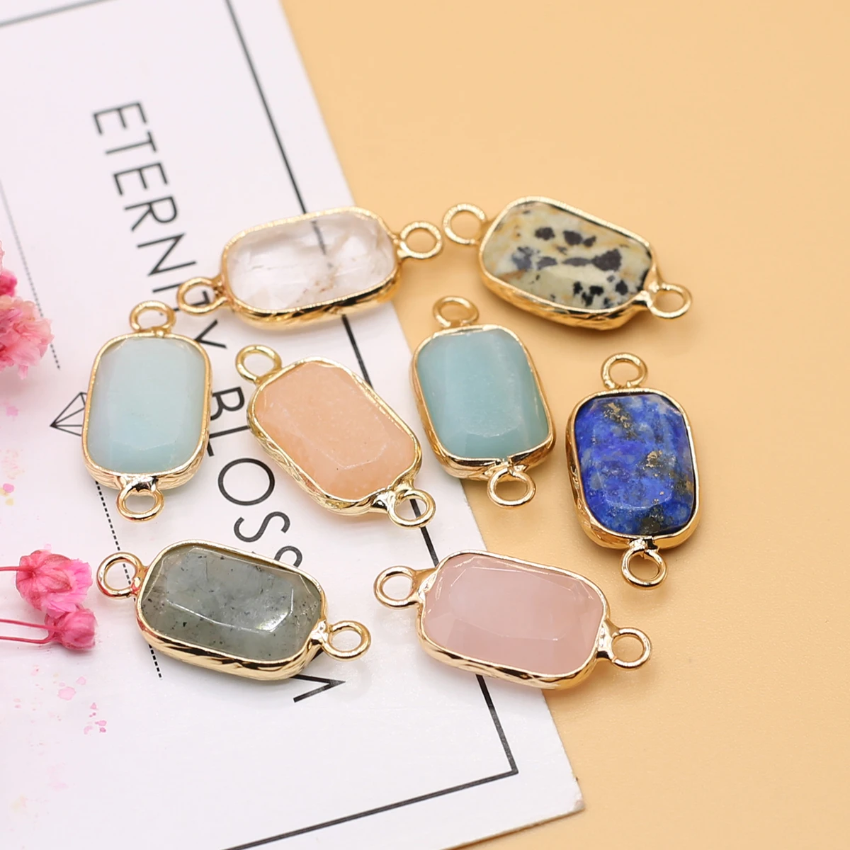 

Natural Stone Agates Amazonite Rose Quartzs Cabochon Pendant Connector Double Hole Jewelry Making Necklace Earring Women Gift