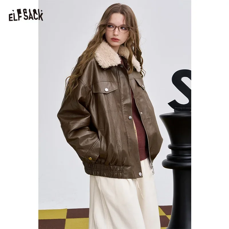 ELFSACK Casual Loose Back Print Plush Lapel Short Leather Jacket For Woman