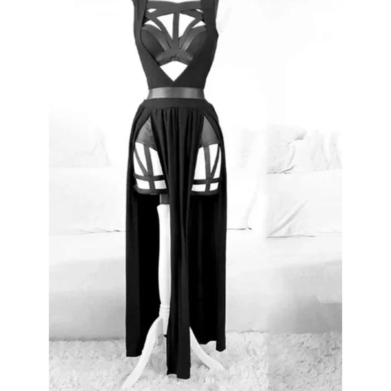 Vintage Gothic Club Sexy Summer Suit Women Sleeveless Black Corset Crop Top   Bandage Underpants Mesh Split Skirt 3pcs Sets