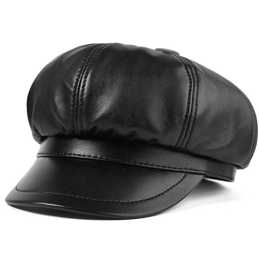 

Black Genuine Leather Hats Women Newsboy Cap Solid Real Leather Sheepskin Beret Autumn Winter Hats for Women Fashion Red Beige