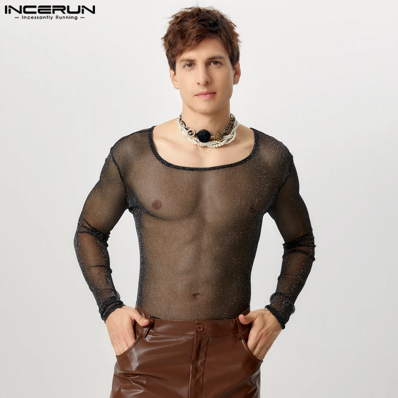 INCERUN Tops American Style Fashion Men Sparkling Fabric See-through Mesh T-shirt Sexy Casual O-neck Tight Long Sleeved Camiseta