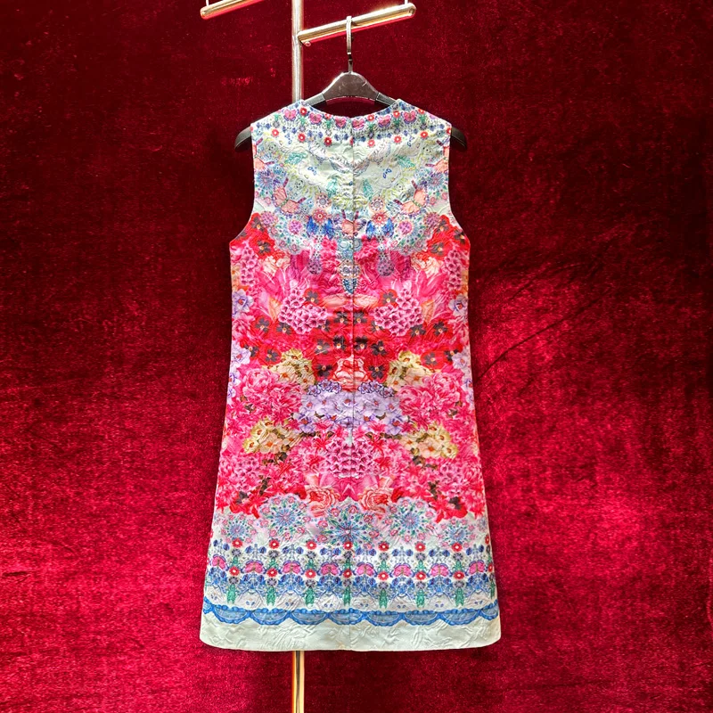 ラグジュアリーヴィンテージプリント手刺繍ビーズショートAラインワンピース 2025新作夏ノースリーブベストワンピース オールマッチ半袖ワンピース