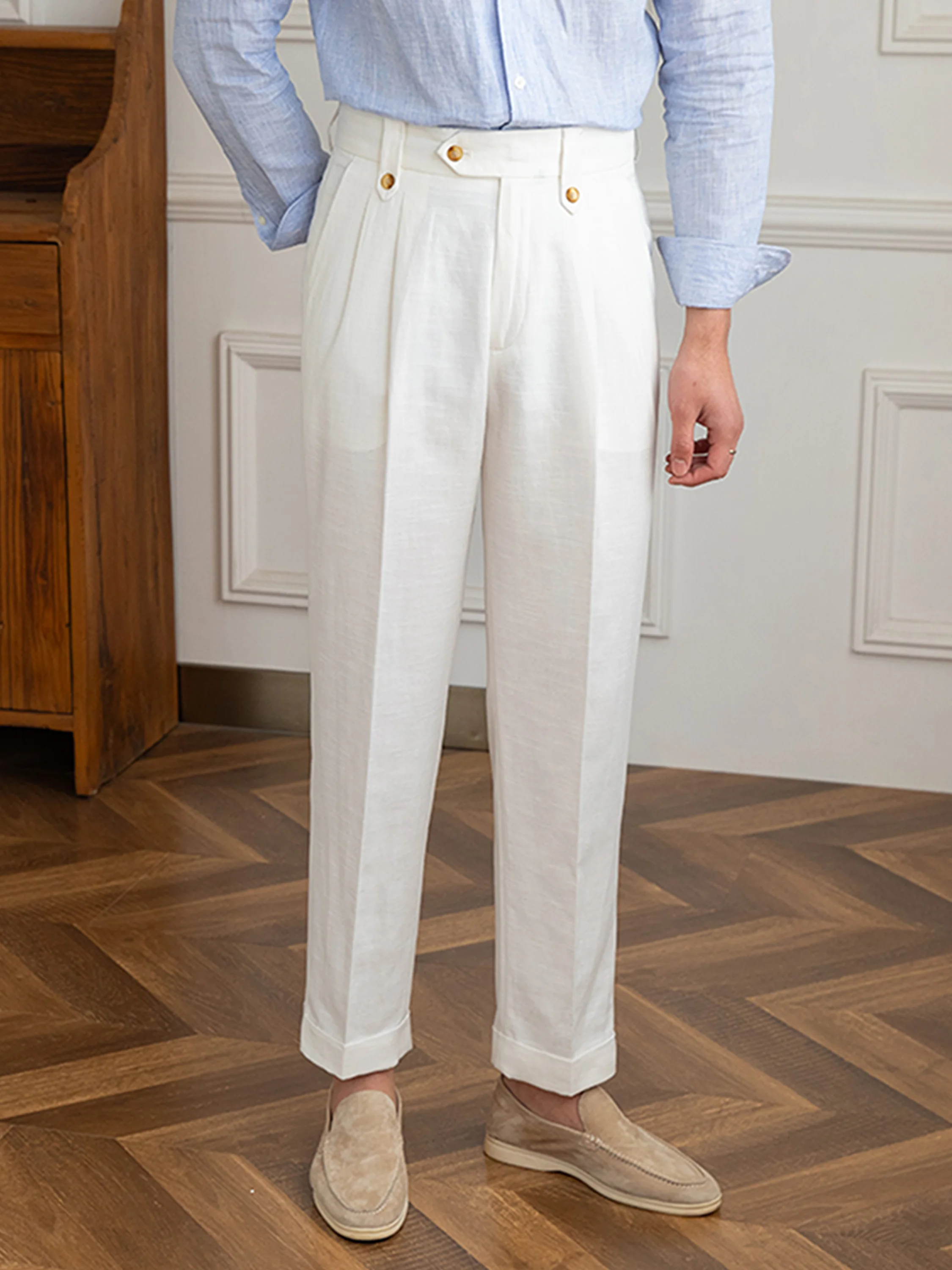 

Mr. Deer Tee High Waist Cotton Linen Men's Casual Pants Breathable Faionable Italian Sle Straight Leg Trousers for Summer