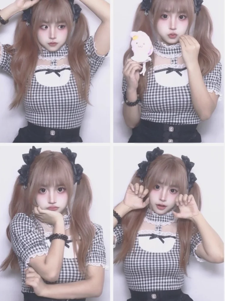 Summer Japanese Lolita Sweet Style Shirts Women Y2k Lace Ruffles Design Harajuku Blouse Female Plaid Chic Korean Popular Clothes