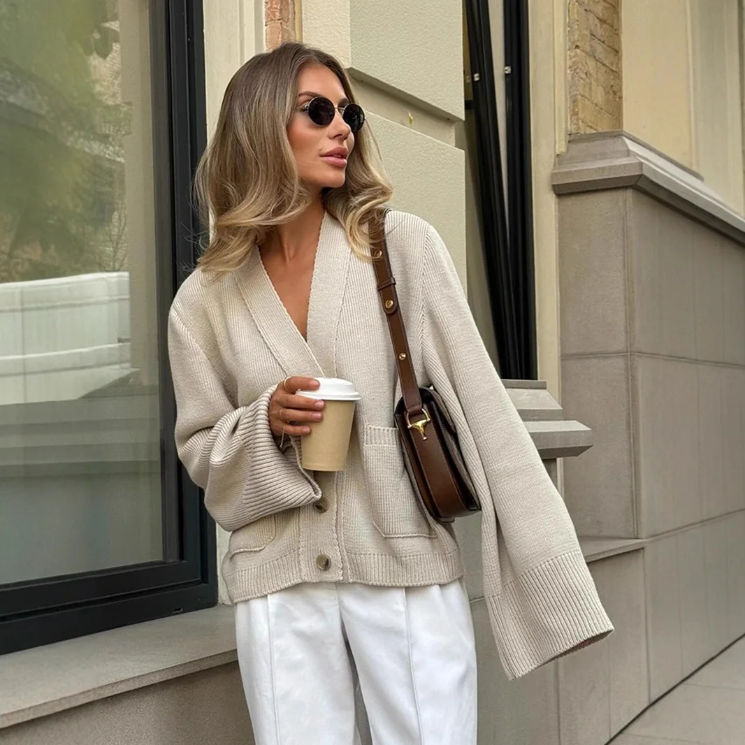 

Loose Women's Knit Cardigan V-Neck Single Breasted Pockets Elastic Hem Sweater For Female Slouchy-Style Elegant Lady's Knitwear