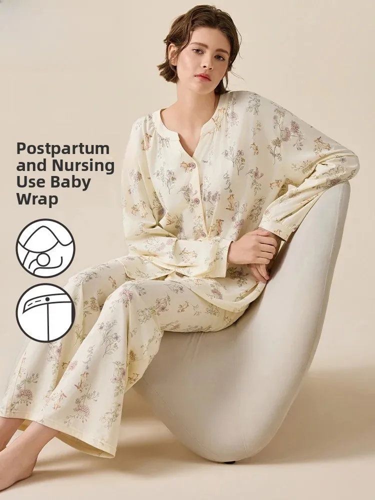 fenteng-camicia-da-notte-in-puro-cotone-per-donne-in-gravidanza-modello-a-maniche-lunghe-cardigan-aperto-abbigliamento-da-casa-set-in-due-pezzi-ideale-per-la-primavera-e-l'autunno