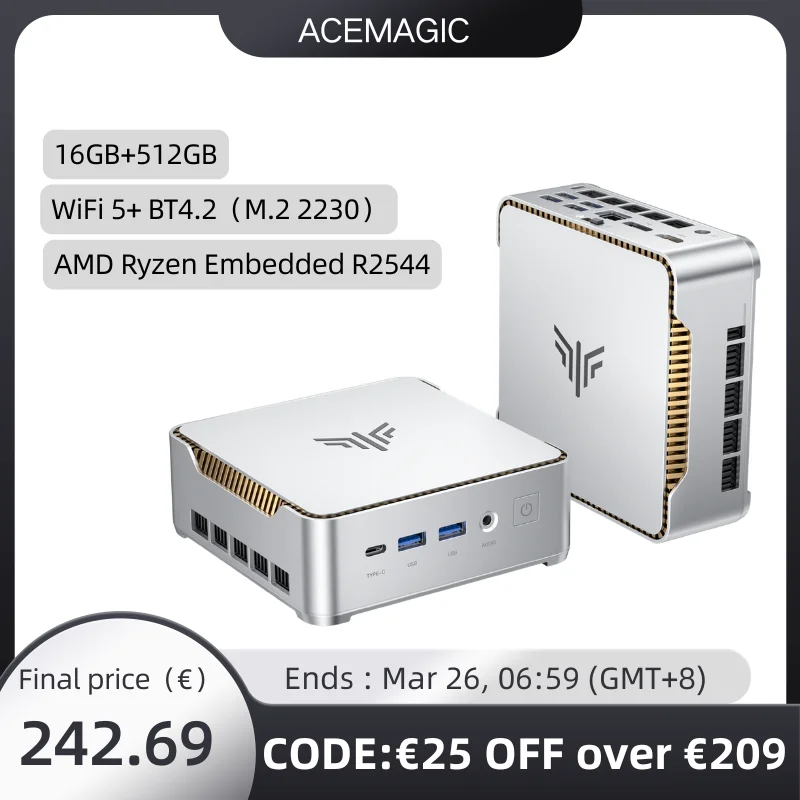 Mini PC ACEMAGIC con AMD Ryzen Embedded R2544 (4 núcleos/8 hilos, hasta 3,7 GHz) [Rendimiento equivalente al i5-7500] 16 GB de RAM, SSD de 512 GB, tarjeta gráfica Vega 8, compatibilidad con tres pantallas 4K, miniorden
