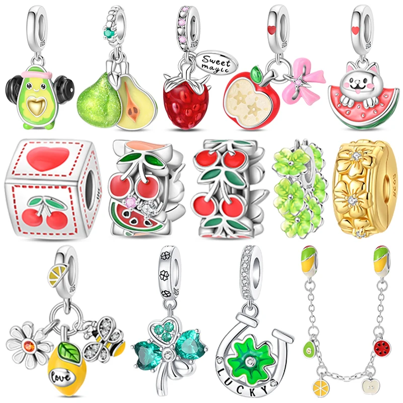 Colgante de plata de ley 925 con diseño de fruta, sandía, cereza y manzana, cuentas DIY aptas para brazalete Original, joyería para mujer