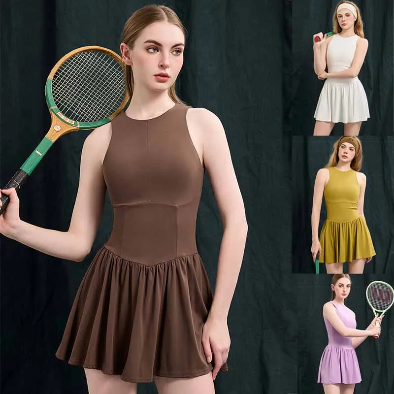 Women Sleeveless Sports Dress Bodycon Tennis Golf Dresses Built-In Shorts and Bra Ladies A-lined Pleated Yoga Skirts Activewear