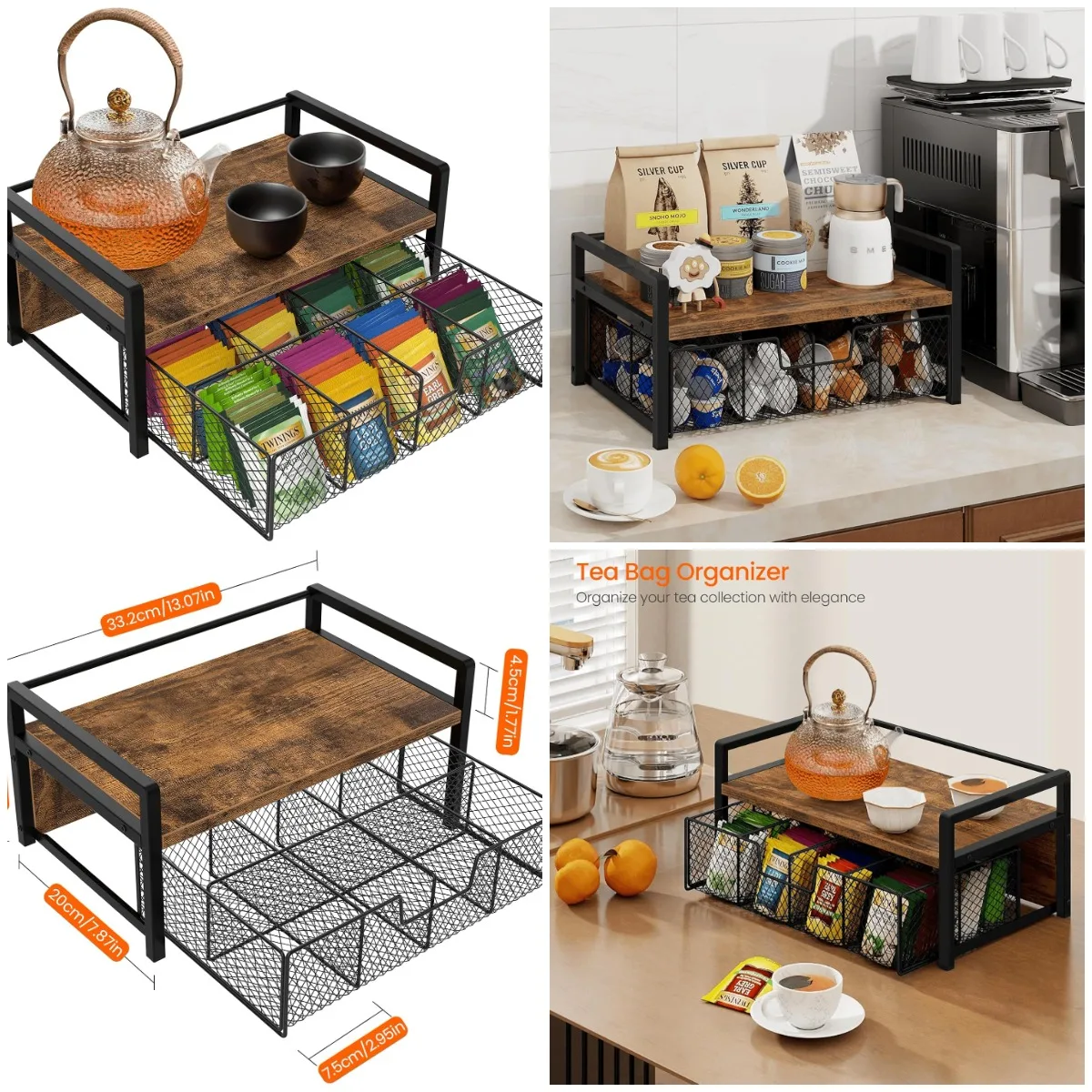 

Wood Tea Organizer with Drawer, Rustic Brown Tea Station Chest for Kitchen Countertop