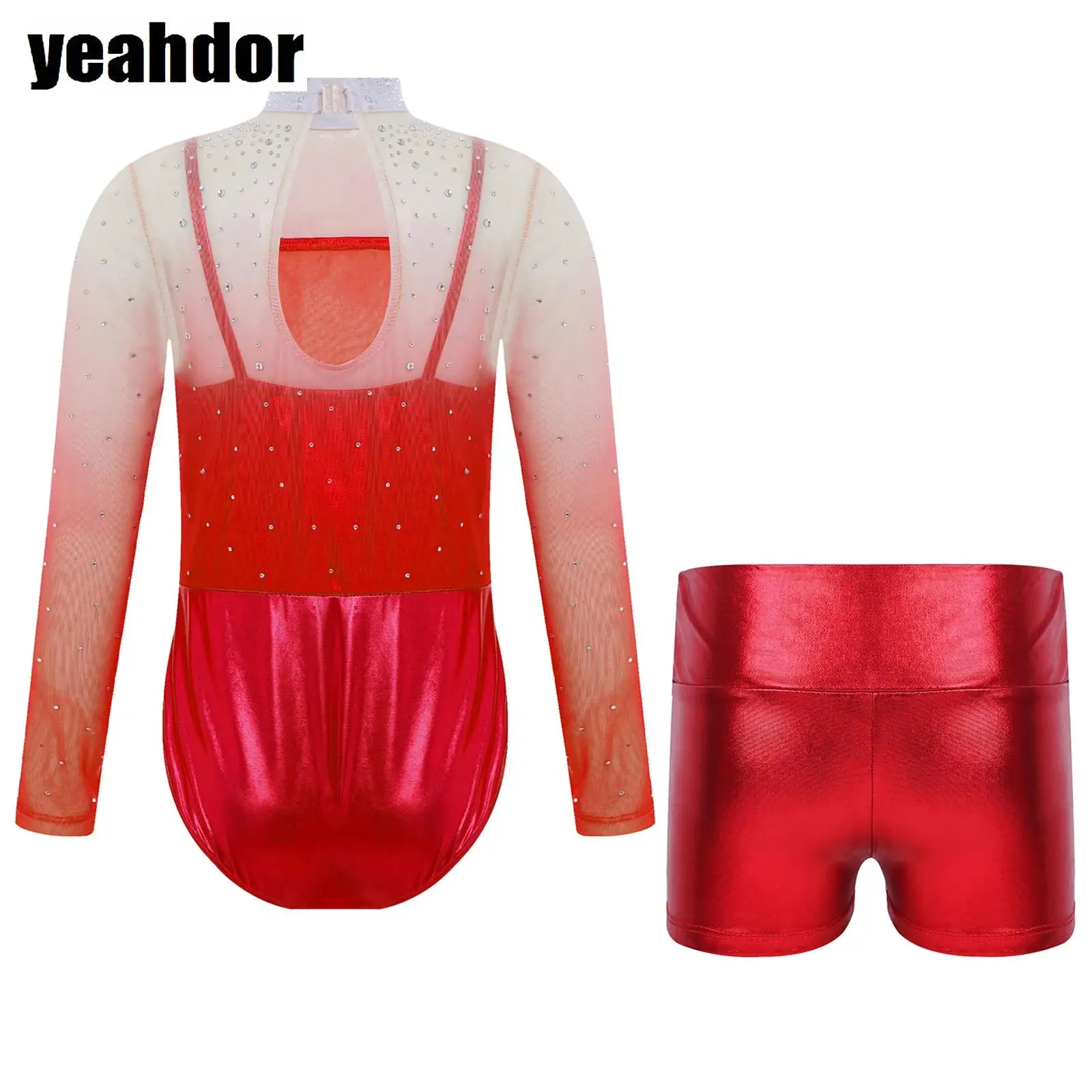 

Girls Long Sleeve Gymnastics Leotards Rhinestones Ballet Dance Bodysuit Sheer Mesh Metallic Jumpsuit with Shorts Skating Unitard