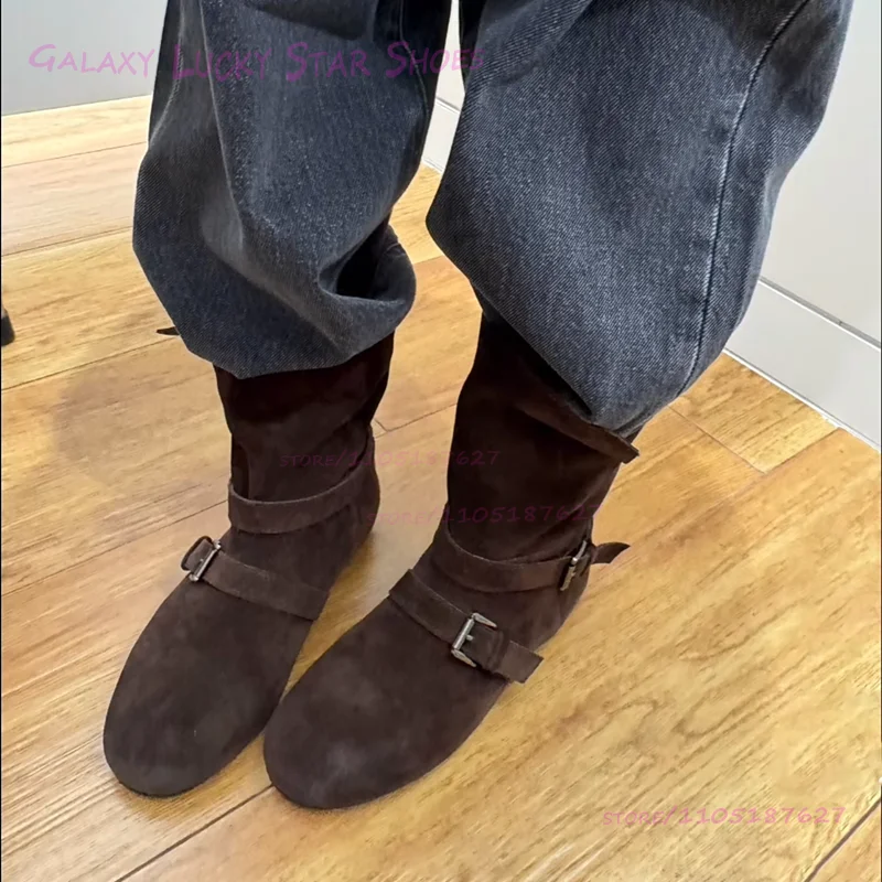 

Short-Pile Suede Round Flat Pleated Boots Dark Brown Women Belt Buckle Loose-Fitting Calf Booties Girls Casual Office Lady Shoes