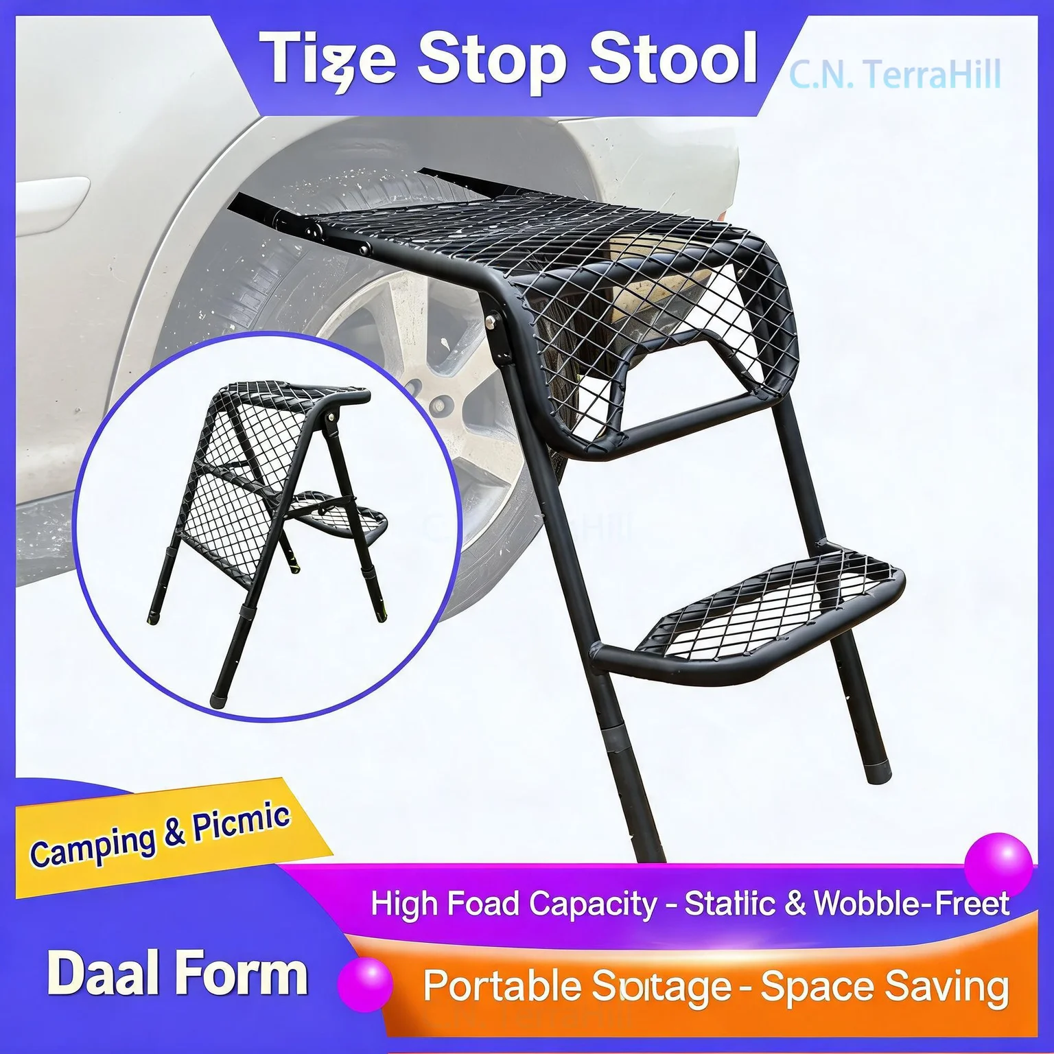 Multi-Function Folding Ladder Tire Ladder Camping Table Outdoor Portable Step Stool for Camping Hiking Car Repair