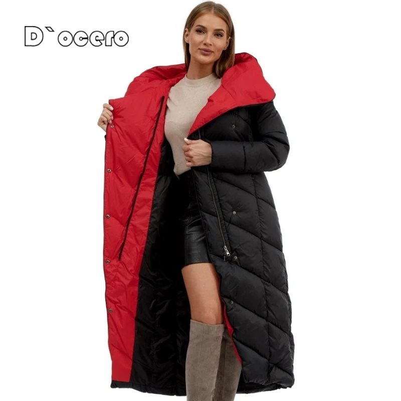 D`OCERO 2022 X-Long Winter Down Jacket Women Fashion Warm Female Padded Quilted Coat Thick Cotton Overcoat Quality Winter Parkas