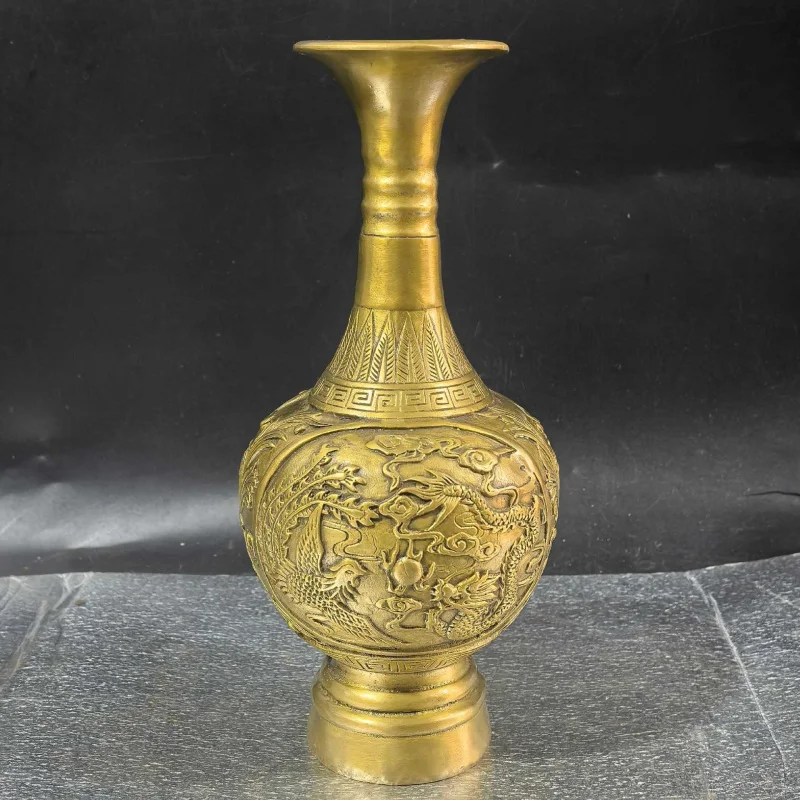 Copper Dragon and Phoenix Ornament , Long-necked Vase, Home Desktop Decoration, Gift Craft