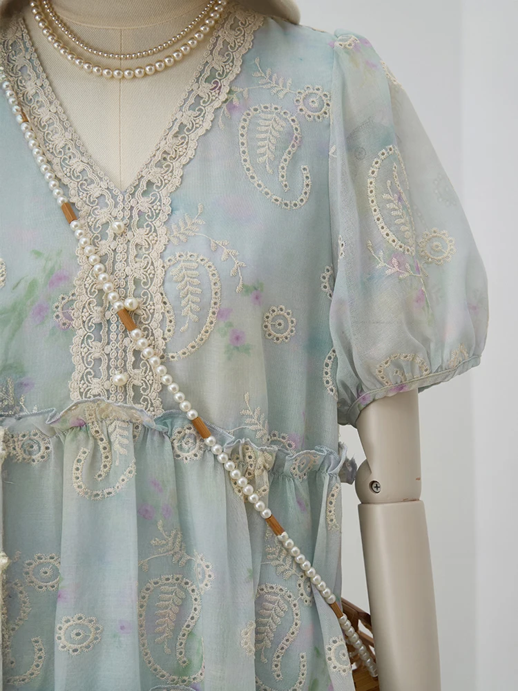 Vestido midi feminino com decote em V, manga curta, renda bordada, francês, elegante, em camadas, vestido de verão com detalhes florais vazados