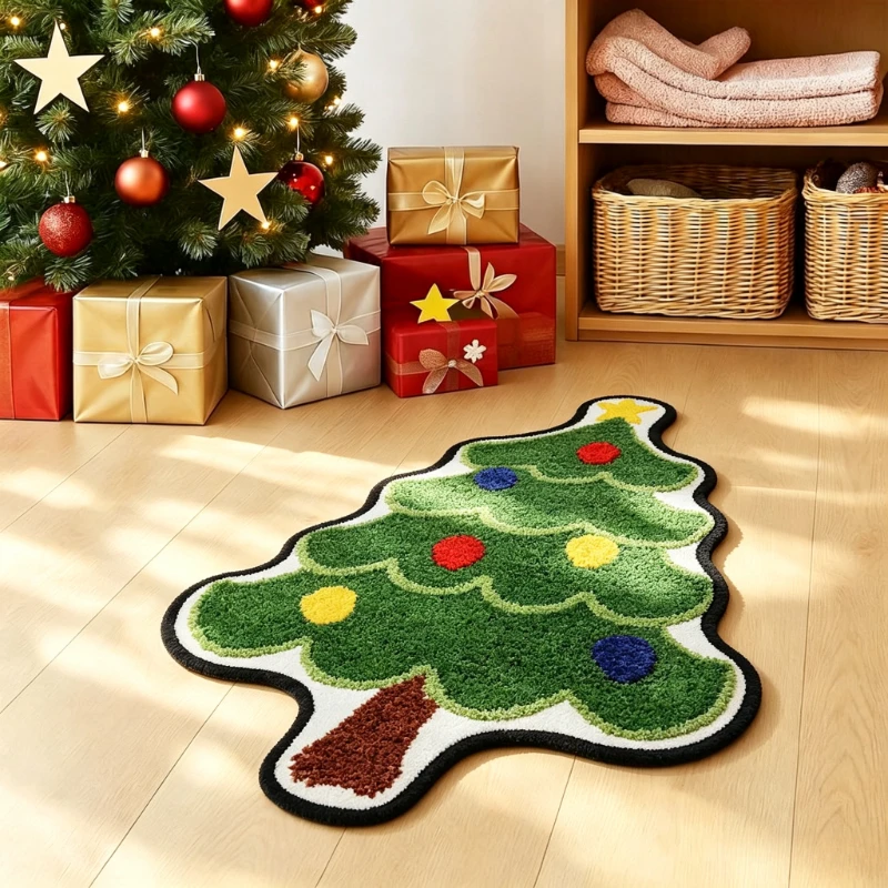 1pc Christmas Tree Velvet Mat, Non-Slip Irregular Carpet with Double-Lock Edges, Machine Washable for Holiday Home Decor